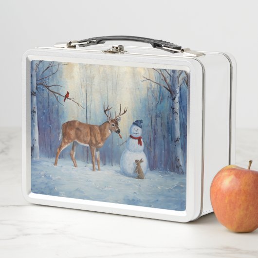Hirsche und Happy Snowman Winterurlaubslandschaft Metall Brotdose (Beispiel)