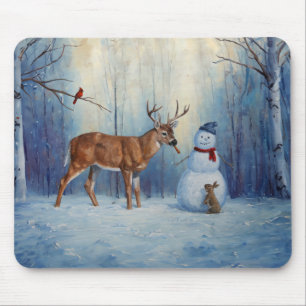 Hirsche und Happy Snowman Winterurlaubslandschaft Mousepad
