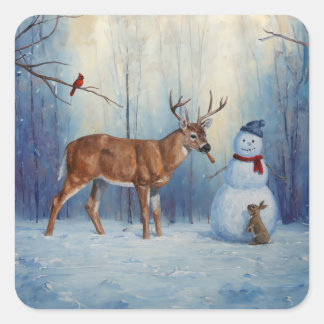 Hirsche und Happy Snowman Winterurlaubslandschaft Quadratischer Aufkleber