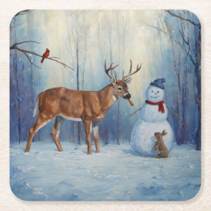 Hirsche und Happy Snowman Winterurlaubslandschaft Rechteckiger Pappuntersetzer