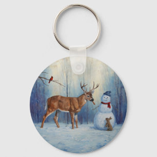 Hirsche und Happy Snowman Winterurlaubslandschaft Schlüsselanhänger