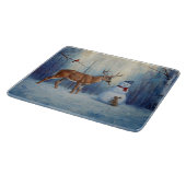 Hirsche und Happy Snowman Winterurlaubslandschaft Schneidebrett (Ecke)