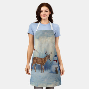 Hirsche und Happy Snowman Winterurlaubslandschaft Schürze