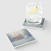 Hirsche und Happy Snowman Winterurlaubslandschaft Steinuntersetzer (Seitenansicht)