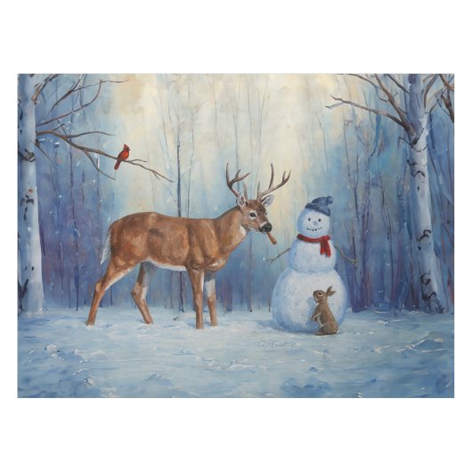 Hirsche und Happy Snowman Winterurlaubslandschaft Tischdecke (Vorderseite (Horizontal))