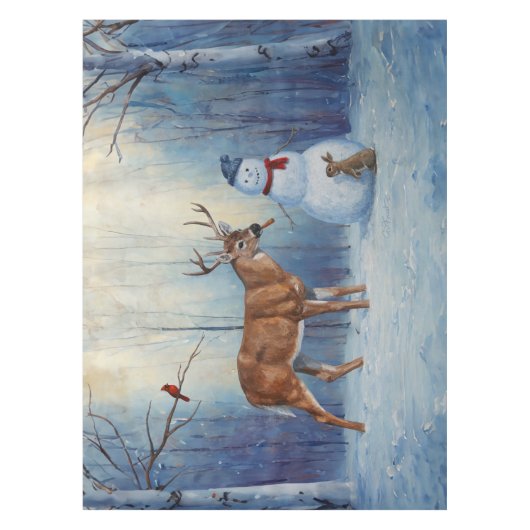 Hirsche und Happy Snowman Winterurlaubslandschaft Tischdecke (Vorderseite)