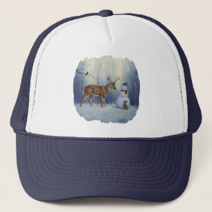 Hirsche und Happy Snowman Winterurlaubslandschaft Truckerkappe