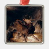 Hirsche und Hunde in einem Bergturm Ornament Aus Metall (Vorne)