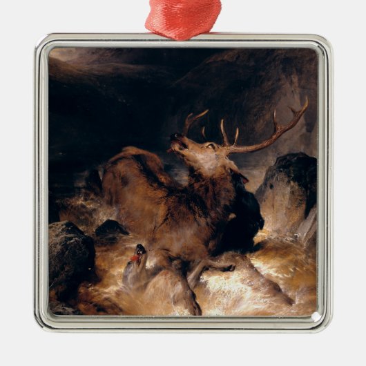 Hirsche und Hunde in einem Bergturm Ornament Aus Metall (Vorne)