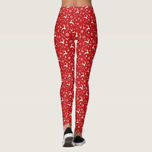 Hirsche und Schneeflocken Red & White Weihnachtsmu Leggings (Rückseite)