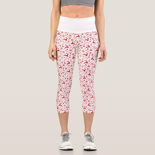 Hirsche und Schneeflocken Weiße und rote Weihnacht Capri Leggings (Vorderseite)