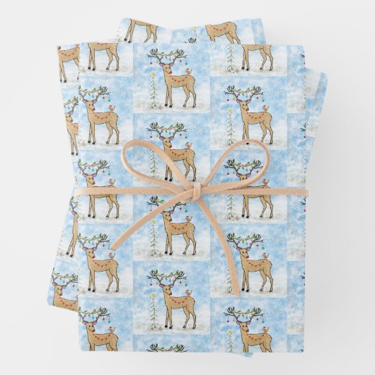 Hirsche und Vögel Weihnachtsgeschenke Geschenkpapier Set (Beispiel)
