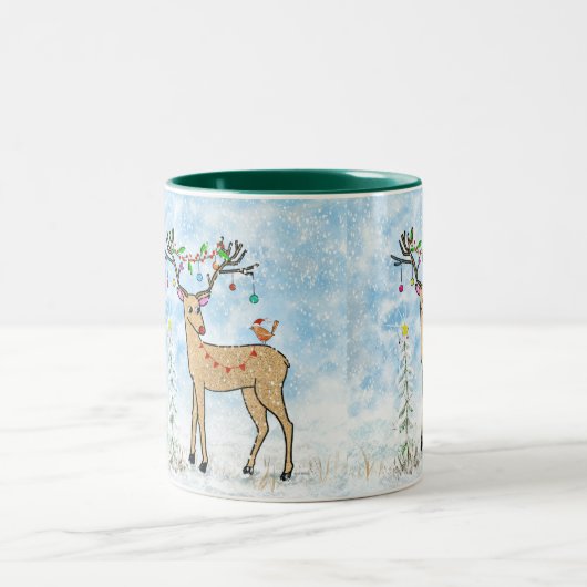 Hirsche und Vögel Weihnachtszeit-Tasse Zweifarbige Tasse (Mittel)