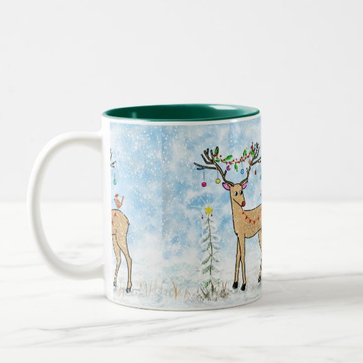Hirsche und Vögel Weihnachtszeit-Tasse Zweifarbige Tasse (Links)