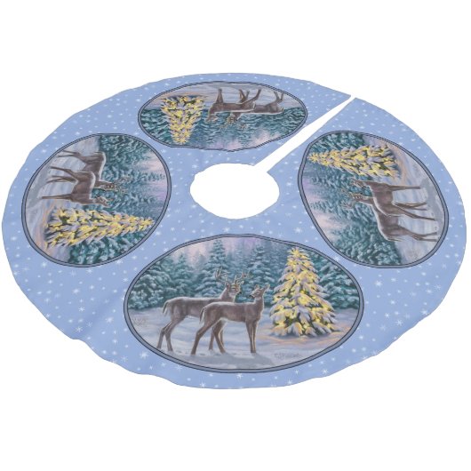 Hirsche und Weihnachtsbaum Schneeflocken Polyester Weihnachtsbaumdecke (Schrägansicht)