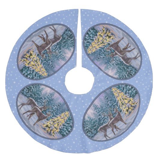 Hirsche und Weihnachtsbaum Schneeflocken Polyester Weihnachtsbaumdecke (Vorderseite)