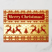 Hirsche und Weihnachtsbäume in Gold und Rot Folieneinladung (Vorderseite)