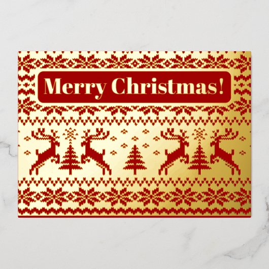 Hirsche und Weihnachtsbäume in Gold und Rot Folieneinladung (Vorderseite)