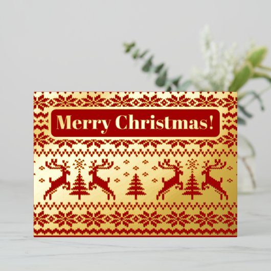 Hirsche und Weihnachtsbäume in Gold und Rot Folieneinladung (Stehend vorne)