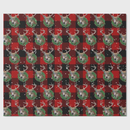 Hirsche und Weihnachtskranz in Schneeflocken Geschenkpapier (Flach)