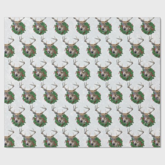Hirsche und Weihnachtskranz in Schneeflocken Geschenkpapier (Flach)