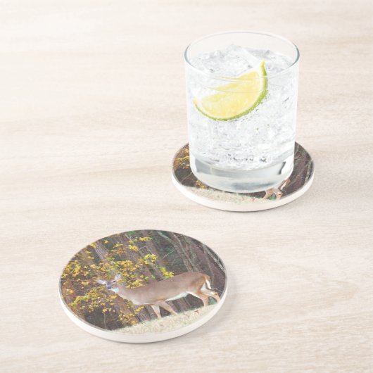 Hirsche vor dem gelben Herbstbaum Getränkeuntersetzer (Seite)