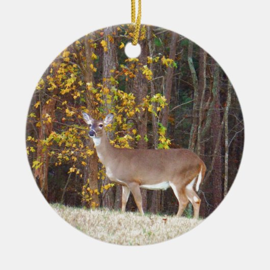 Hirsche vor dem gelben Herbstbaum Keramikornament (Vorne)