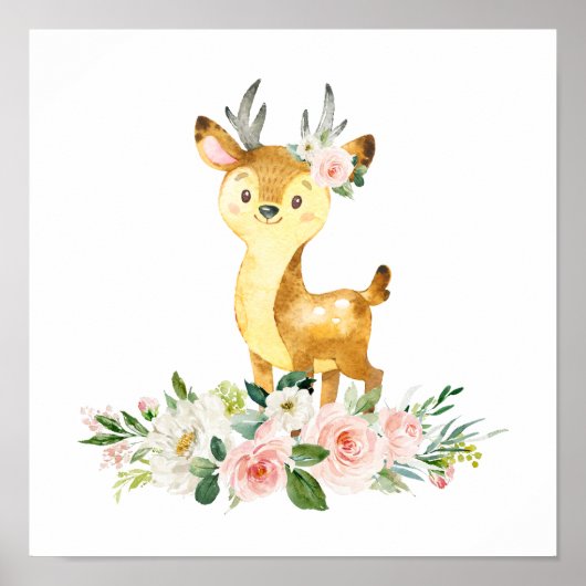 Hirsche, Waldtiere, Boho, rosa Blume Poster (Vorne)