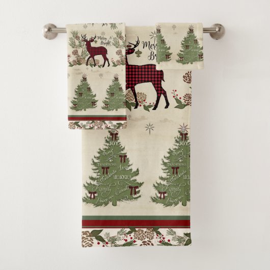 Hirsche Weihnachtsbaum Typografie Merry Bright Scr Badhandtuch Set (Insitu)