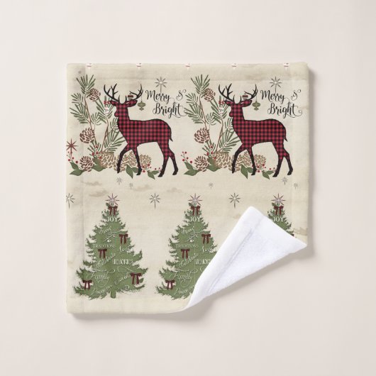 Hirsche Weihnachtsbaum Typografie Merry Bright Scr Badhandtuch Set (Waschlappen)