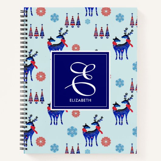 Hirsche, Weihnachtsbäume und Schneeflocken mit Mon Notizblock (Vorderseite)