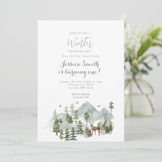 Hirsche Weihnachtsbaumen Winter Onederland Geburts Einladung (Stehend Vorderseite)