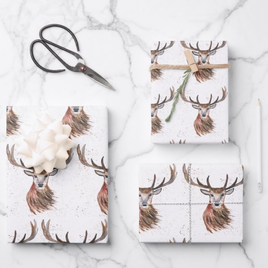 Hirsche Weihnachtswasserfarbe Muster Woodland Brow Geschenkpapier Set (Vorderseite)