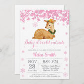 Hirsche Winter Pink Girl Babydusche Schneeflocke Einladung (Vorne/Hinten)