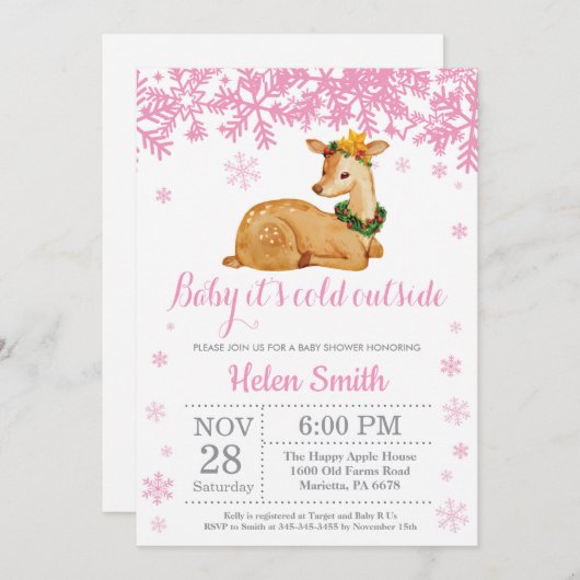 Hirsche Winter Pink Girl Babydusche Schneeflocke Einladung (Vorne/Hinten)