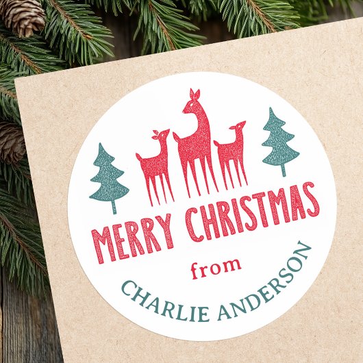 Hirschfamilie Frohe Weihnachten von Namensschilder Runder Aufkleber