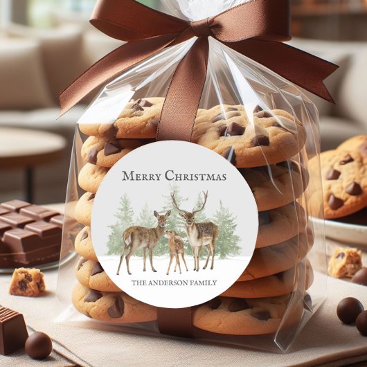 Hirschfamilien Winterschnee Frohe Weihnachten Runder Aufkleber