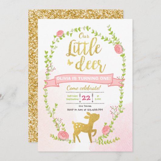 Hirschgeburt einladen Girl Pink Gold Woodland Part Einladung (Vorne/Hinten)