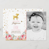 Hirschgeburt einladen Woodland Gold Pink Flora Einladung (Vorne/Hinten)