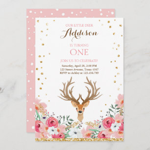 Hirschgeburt einladen Woodland Gold Pink Floral Einladung