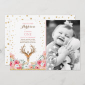 Hirschgeburt einladen Woodland Gold Pink Floral Einladung (Vorne/Hinten)