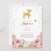 Hirschgeburt einladen Woodland Gold Pink Floral Einladung (Vorderseite)