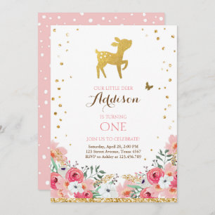 Hirschgeburt einladen Woodland Gold Pink Floral Einladung