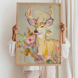 Hirschgemälde Florale Pastell-Wandbild Poster