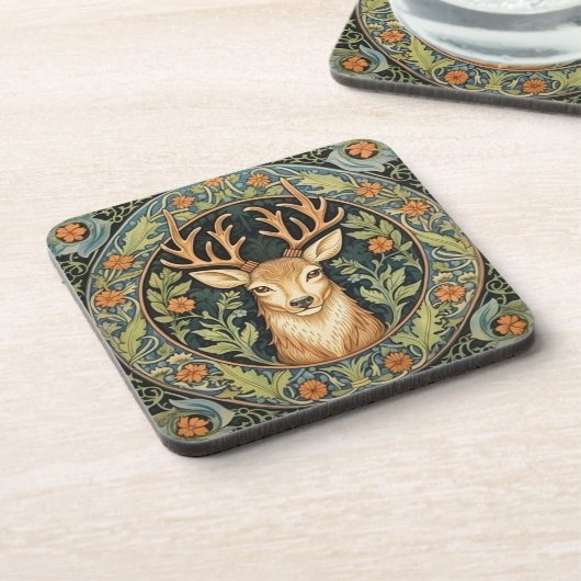 Hirschgesicht in blumengeschmückter Vintager Gesta Getränkeuntersetzer (Linke Seite)