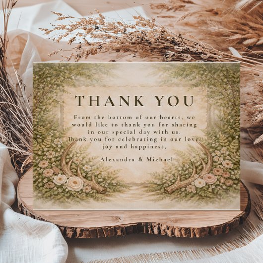 Hirschgeweih Botanische Rustikale Hochzeit Dankeskarte