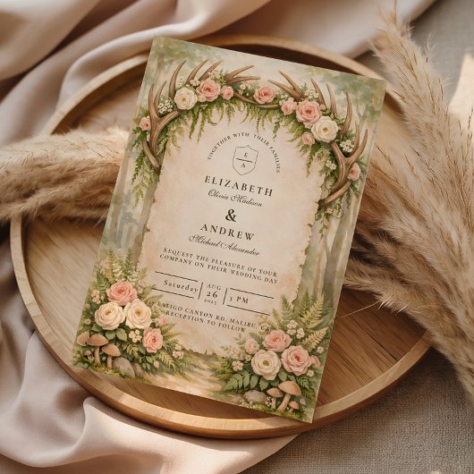 Hirschgeweih Botanische Rustikale Hochzeit Einladung