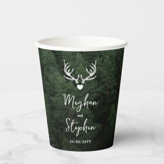 Hirschgeweih Wald Kiefer Baum Hochzeit Pappbecher (Vorderseite)