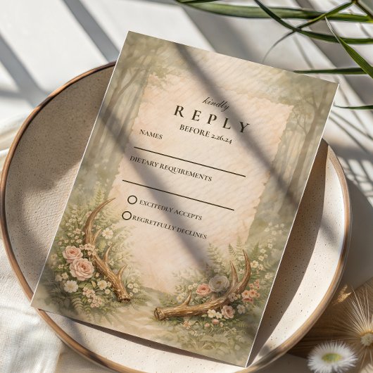 Hirschgeweih-Waldhochzeit RSVP Karte