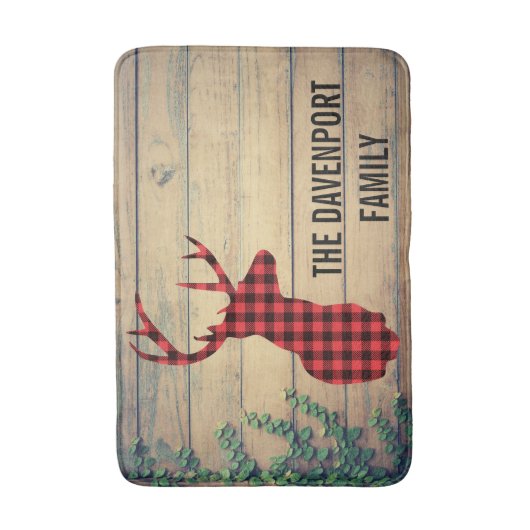 Hirschhaut mit Antlern auf Holzplanken mit Blätter Badematte (Vorderseite Vertikal)